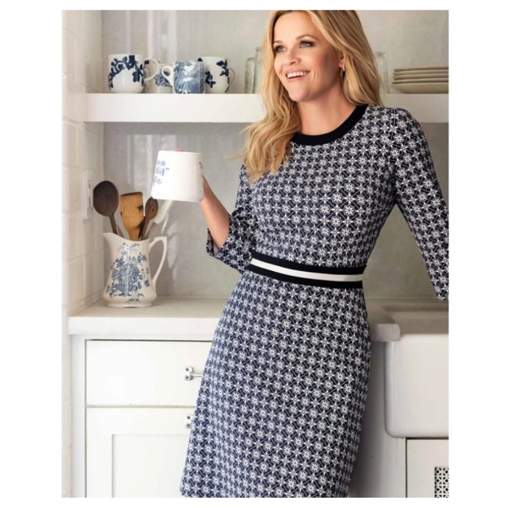 Draper James Navy and White Patterned Midi Dress